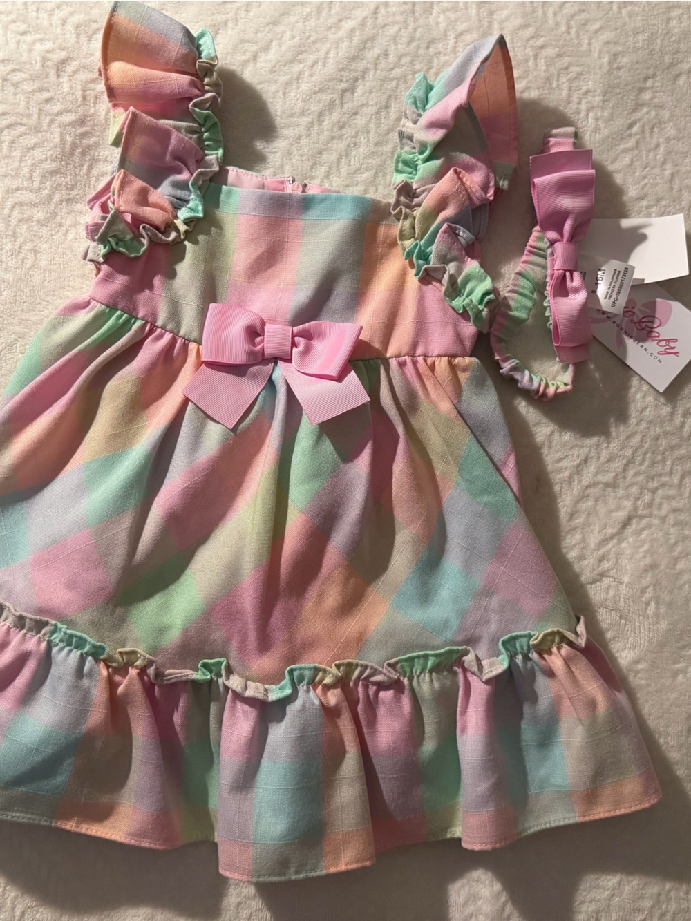NWT Bonnie Baby 3-Piece Pastel Plaid Dress Set with Headband - 18M - Picture 3 of 11